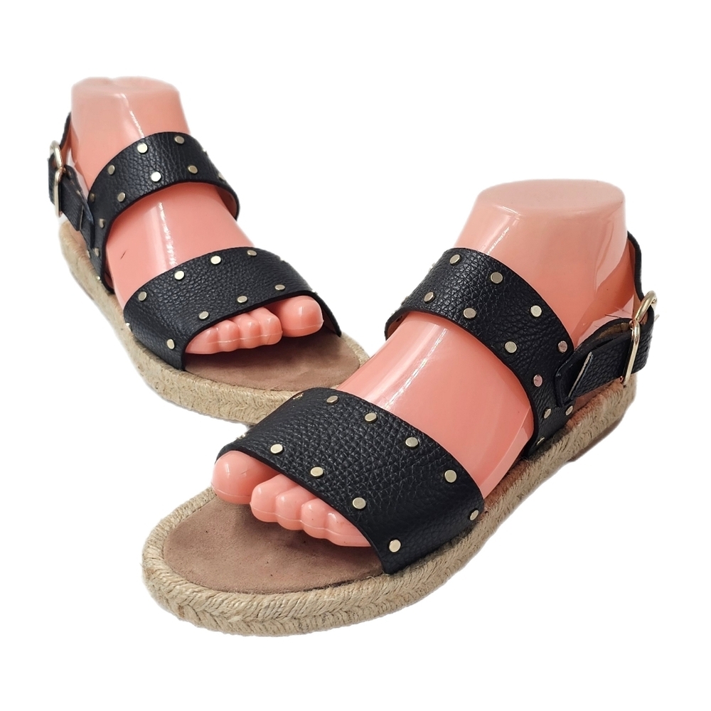 Black Studded Espadrille Sandals Size 38 US 7.5 Ankle Strap Boho Flats